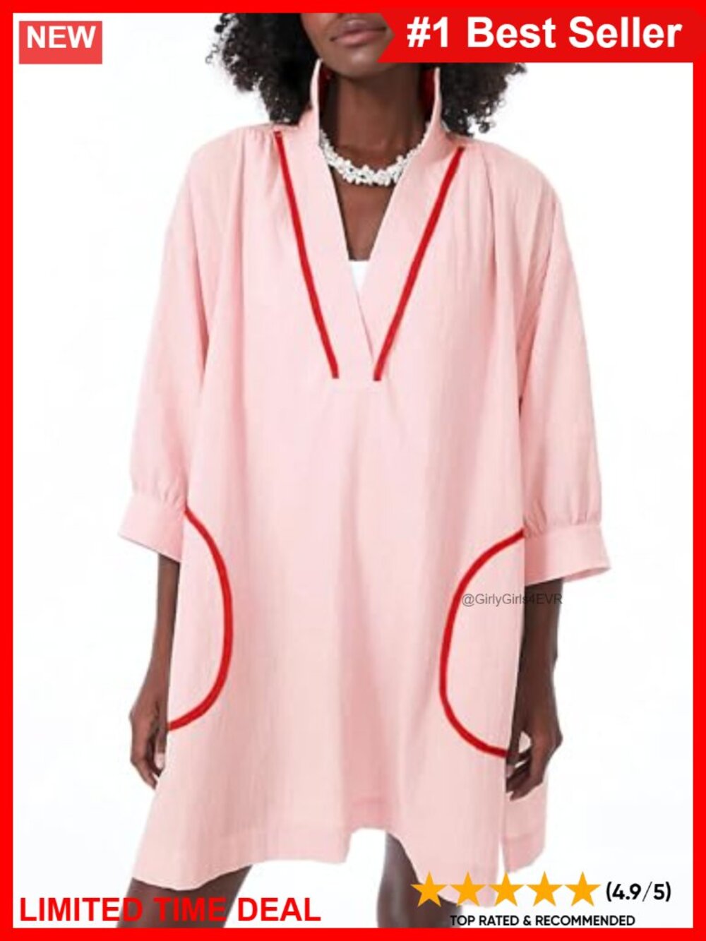 100% Cotton Swimsuit Coverup V Neck 3/4 Sleeve Shirt Dress